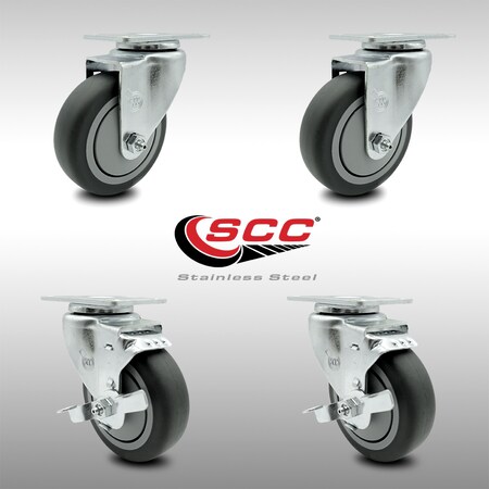 Service Caster 4 Inch SS Thermoplastic Rubber Wheel Swivel Top Plate Caster Set with 2 Brakes SCC-SS20S414-TPRB-2-TLB-2